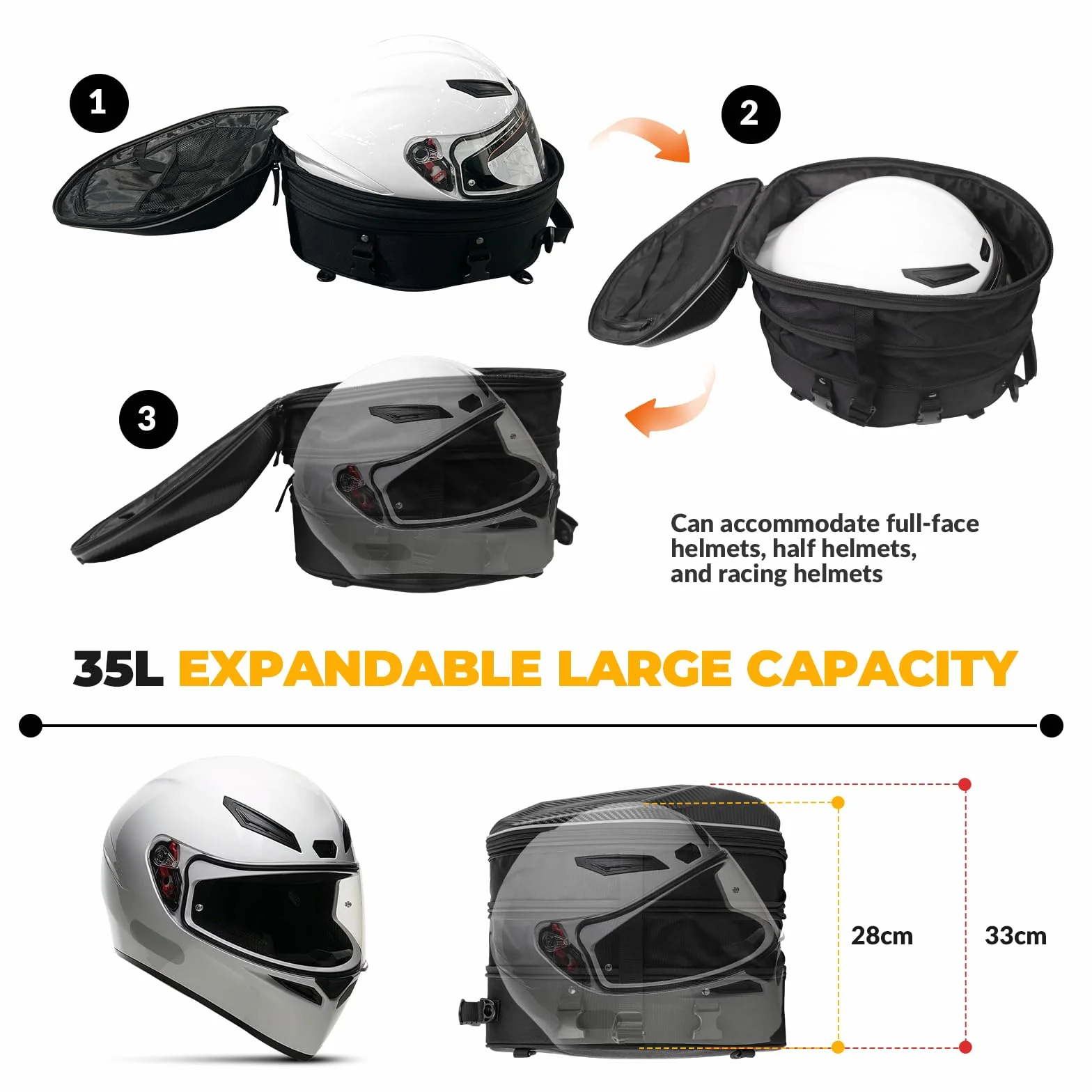 ROCKBROS Borsa Posteriore per Sella Moto Impermeabile Zaino Rigido per Casco Espandibile 20-35L Copertura Antipioggia