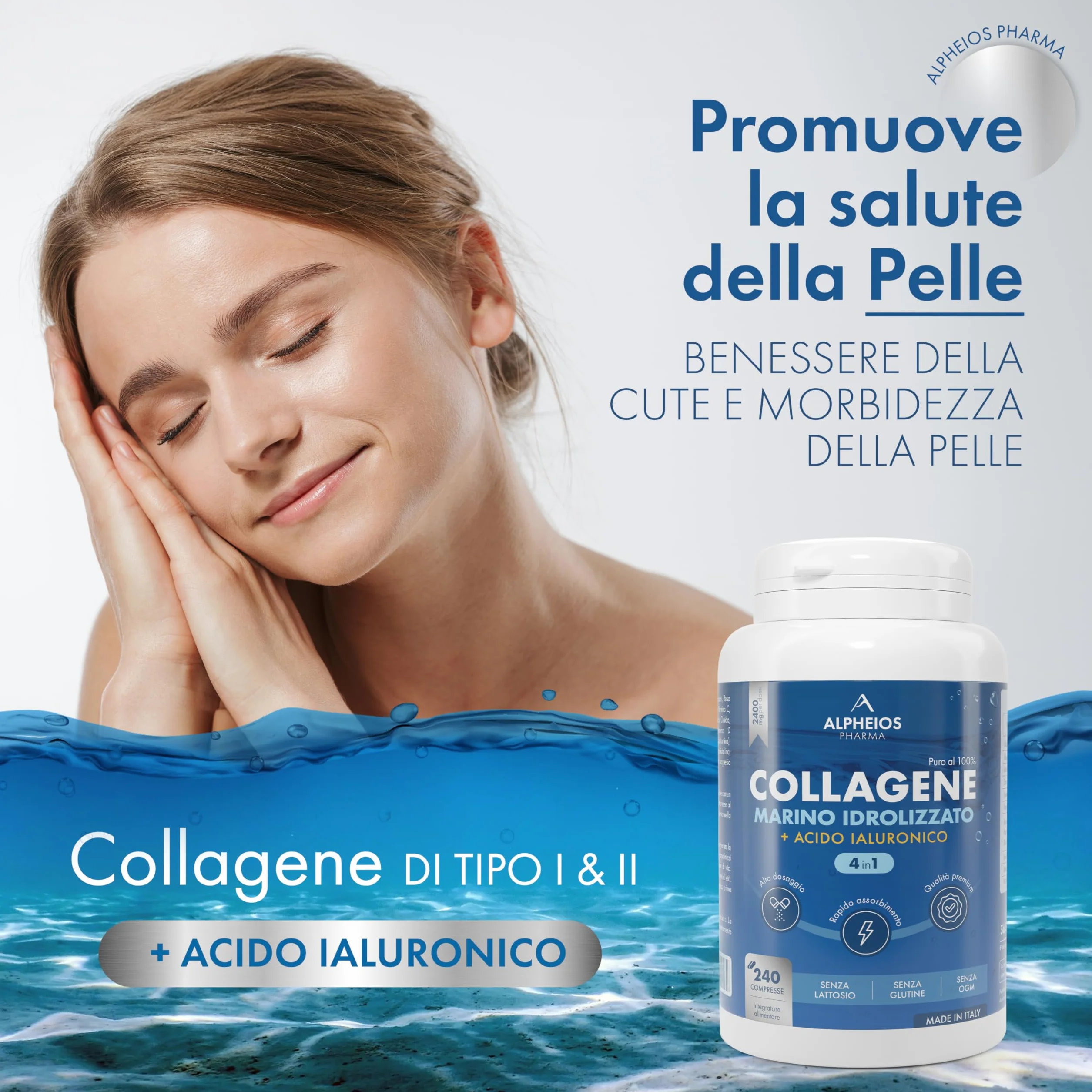 Collagene Marino con Acido Ialuronico 240 Compresse 2400mg Integratore Biotina Zinco Selenio Vitamina C Coenzima Q10