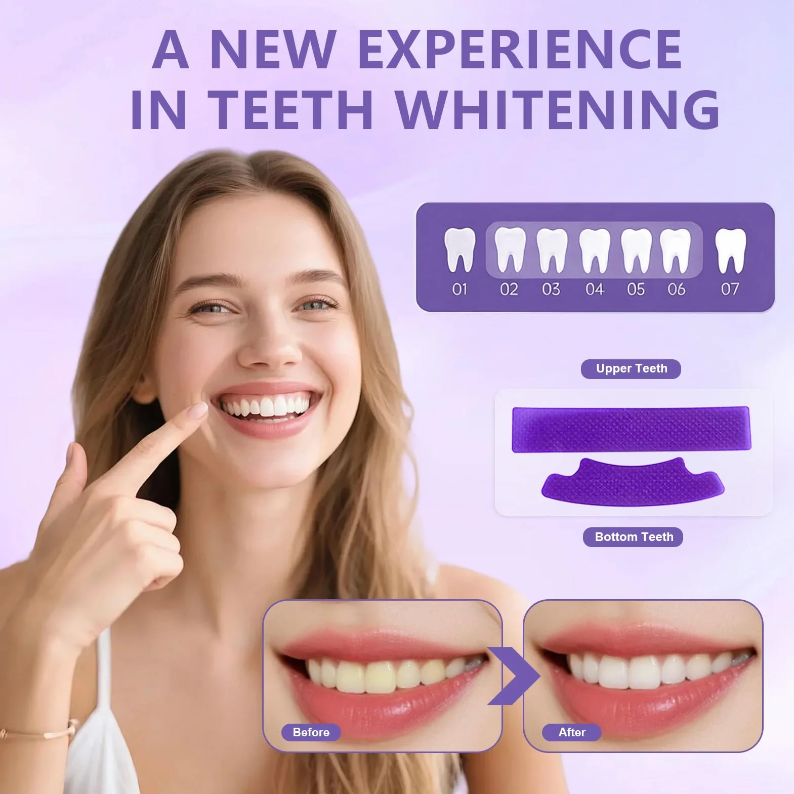 Strisce Sbiancanti Denti 7PCS Viola, Strisce per Cura Denti, Riduce Discromie Superficiali, Adatto Denti Sensibili