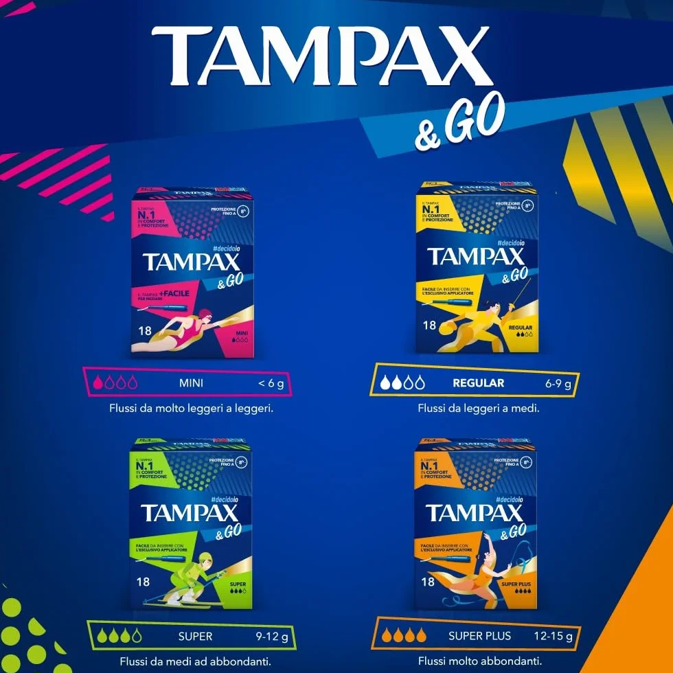 Tampax & Go Super Plus 18 Assorbenti Interni con Applicatore in Plastica, Presa Antiscivolo, Doppio Cordino Protettivo