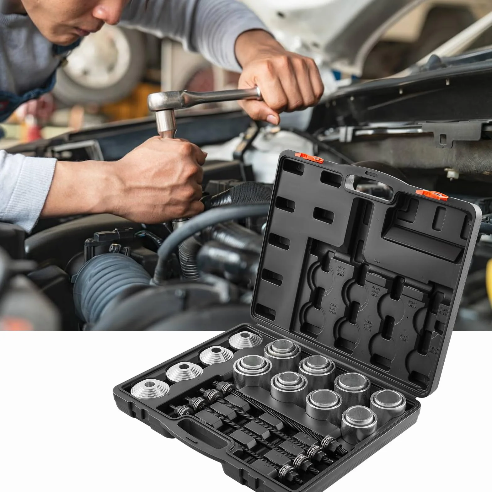 VEVOR Kit Manicotto di Trazione e Pressione 28 Pezzi, Set Rimozione Cuscinetti Boccola Acciaio con Custodia Trasporto
