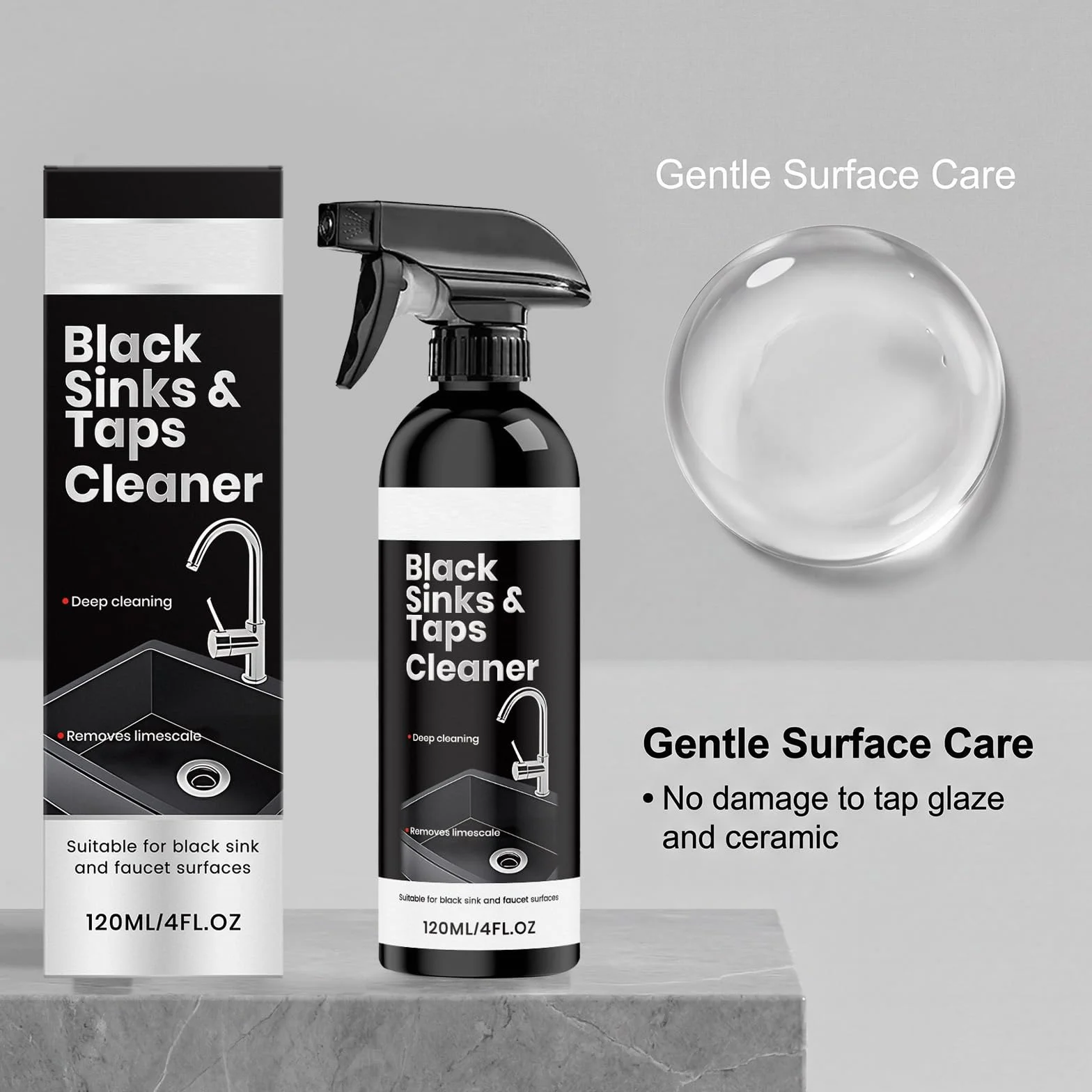 Detergente spray anticalcare per lavello nero e rubinetti neri, potente, per cucina e bagno (1 pezzo)