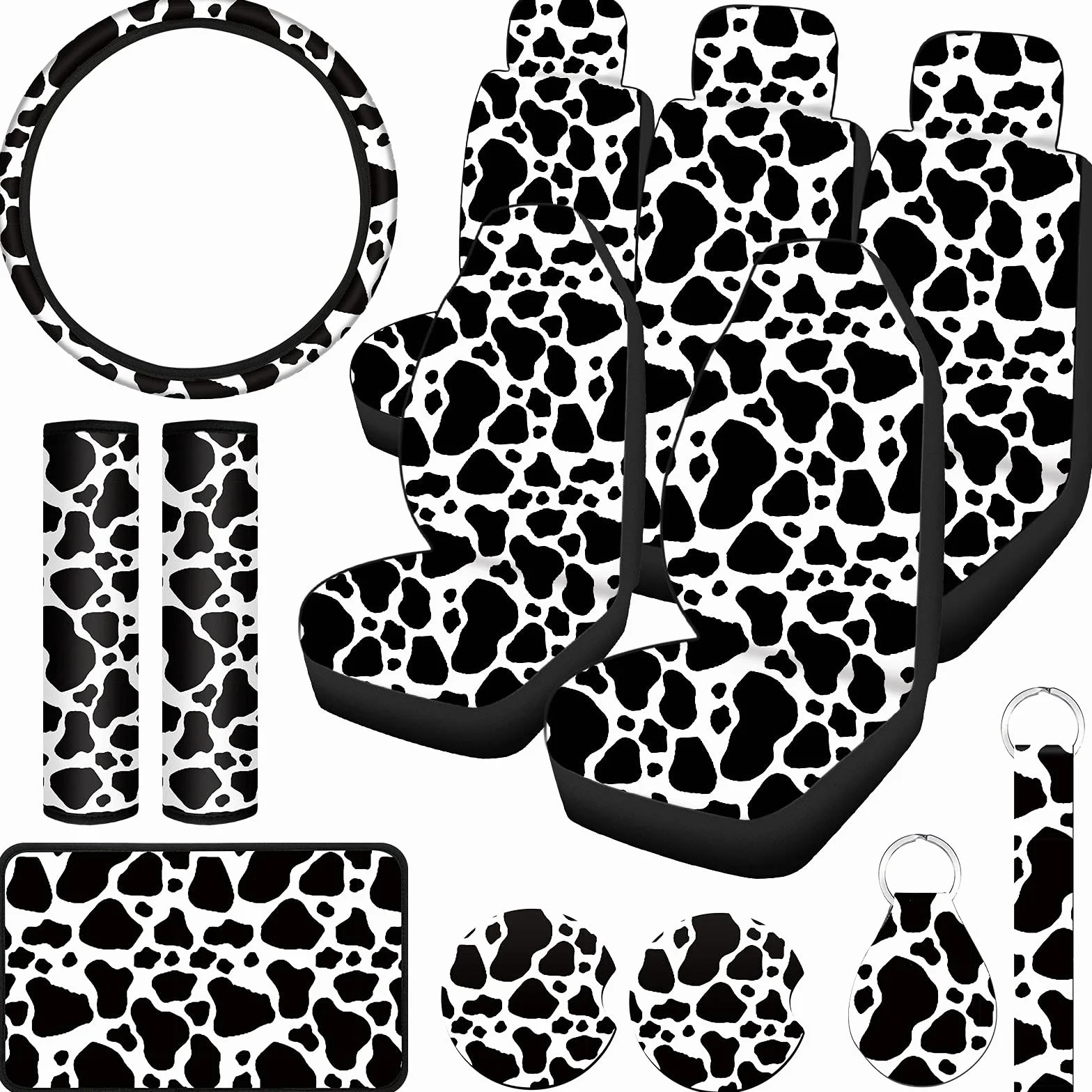 Set completo di coprisedili per auto con stampa di mucca, set completo di accessori per auto con stampa di mucca, volante in gomma, cuscinetto per bracciolo, cuscinetti per cintura di sicurezza