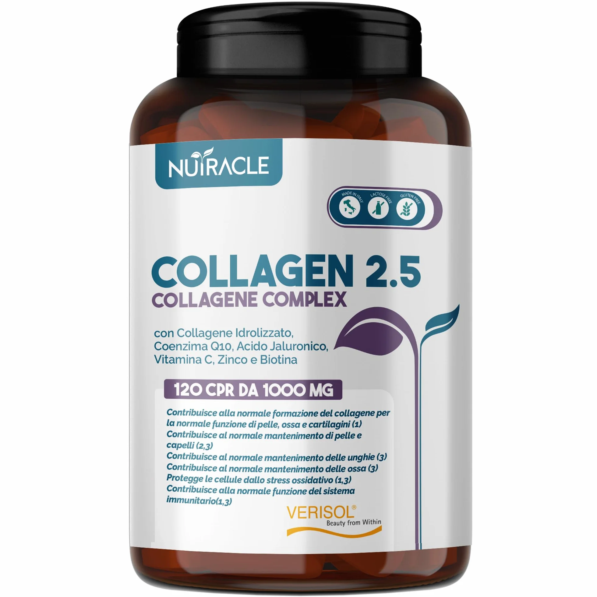 Collagene Idrolizzato Verisol® 2500 mg + Acido Ialuronico + Coenzima Q10 Integratore Pelle Capelli Ossa 120 compresse