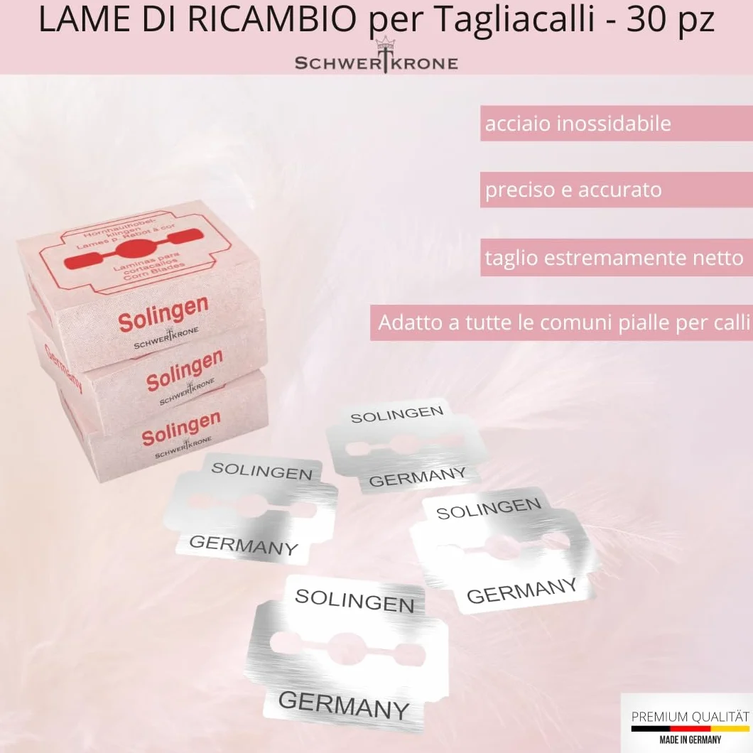 SCHWERTKRONE® Lame per Pedicure 30 Pezzi Made in Germany Solingen - Rimozione Calli, Lama Affettacalli, Tagliacalli, Raspa, Gratta Talloni