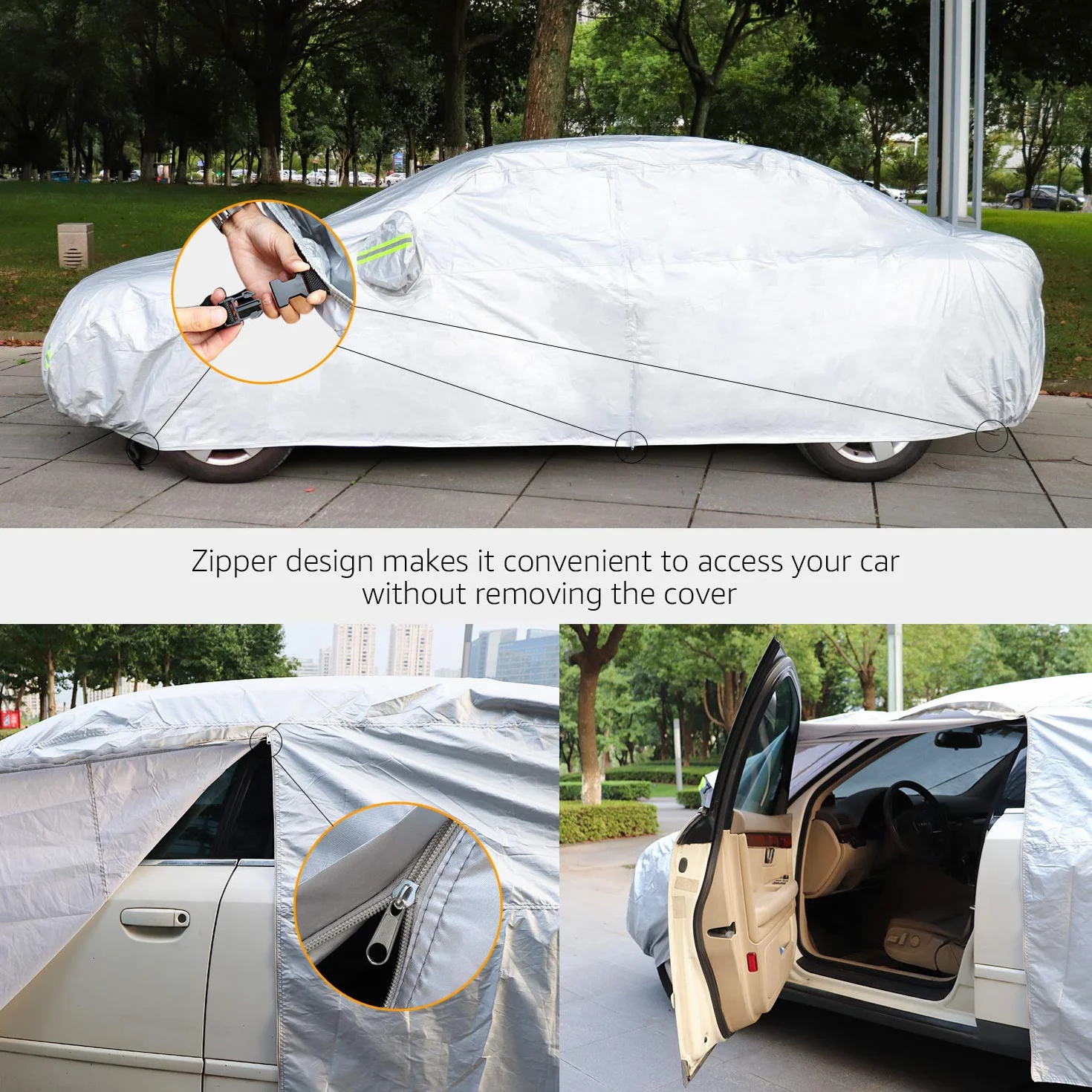 Amazon Basics Telo copriauto Argento, resistente alle intemperie, in tessuto Oxford 150D, per berline fino a 483 cm