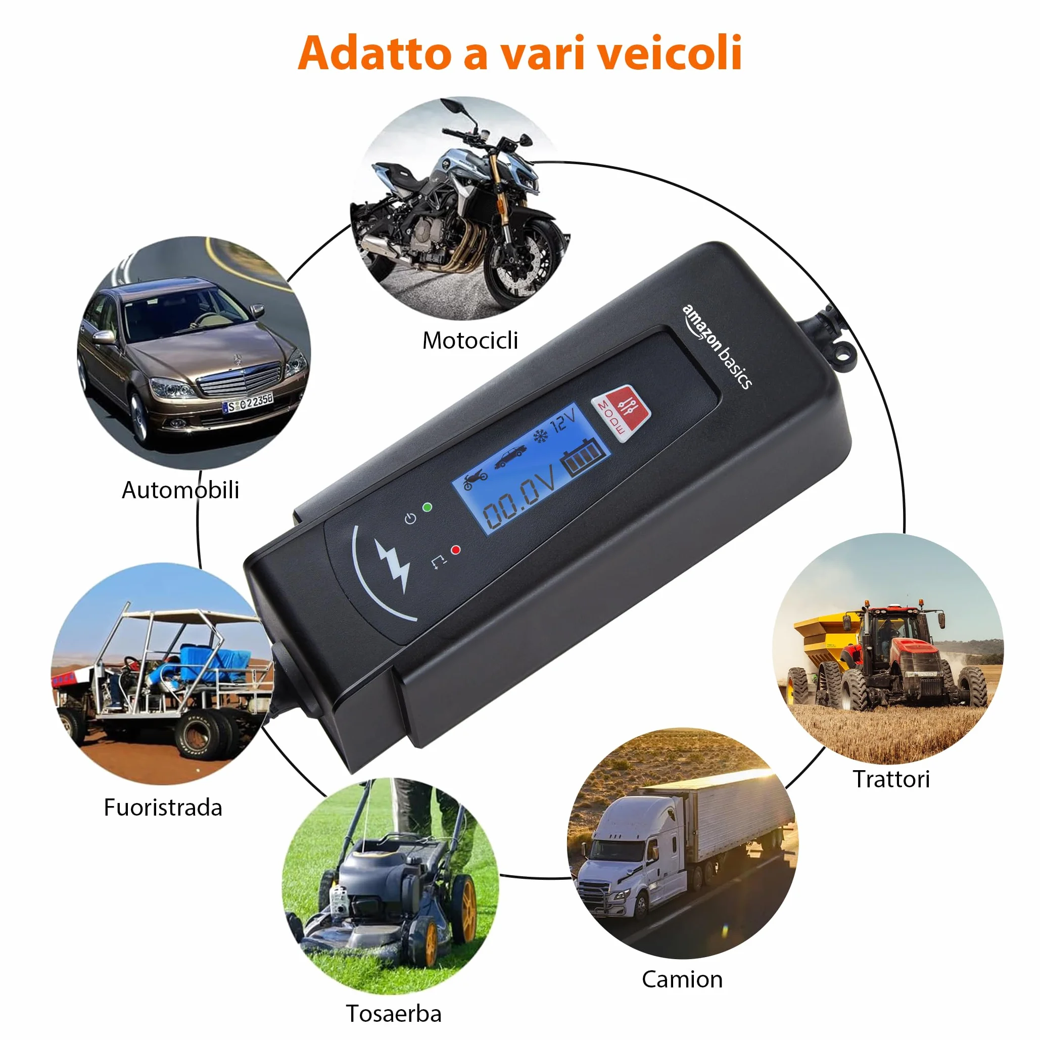 Amazon Basics Caricabatterie automatico intelligente 6V/12V 2A/4A tester batteria presa EU Nero