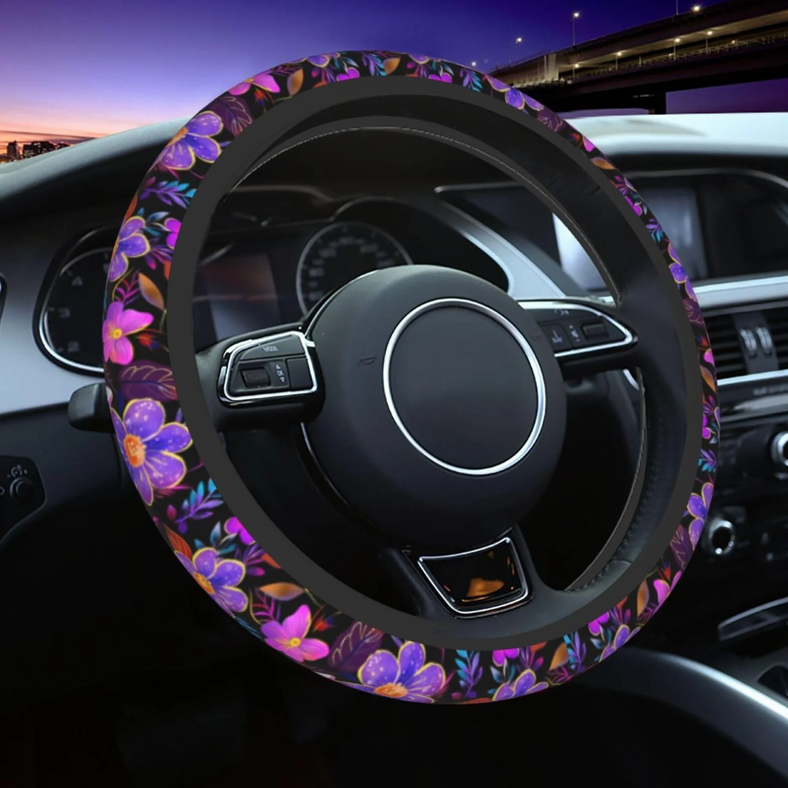 Mexpekil Coprivolante universale per auto con fiori colorati e farfalle, antiscivolo, accessorio decorativo per auto, diametro 38 cm