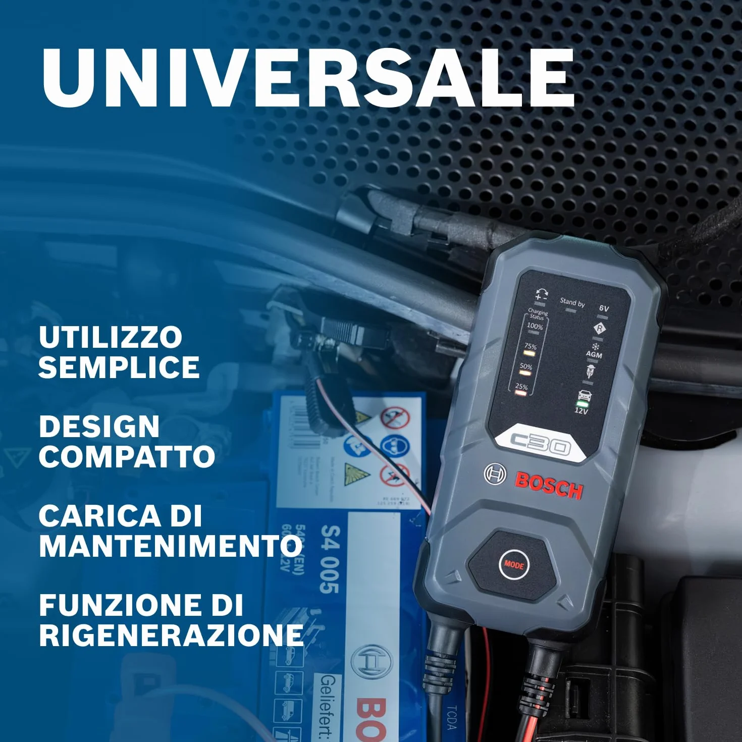 Bosch C30 Caricabatterie per Auto 6V 12V 3,8A Carica di Mantenimento per Batterie Piombo-Acido EFB GEL AGM SLI