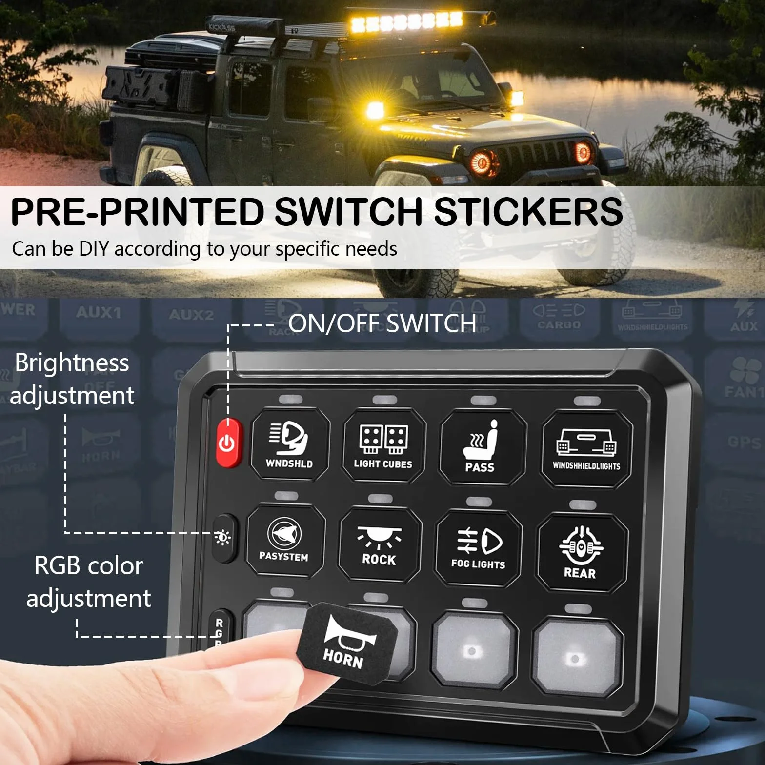 Pannello Interruttori 12V/24V Universale con Dimmerabili RGB 8 Colori per Auto RV Camion SUV
