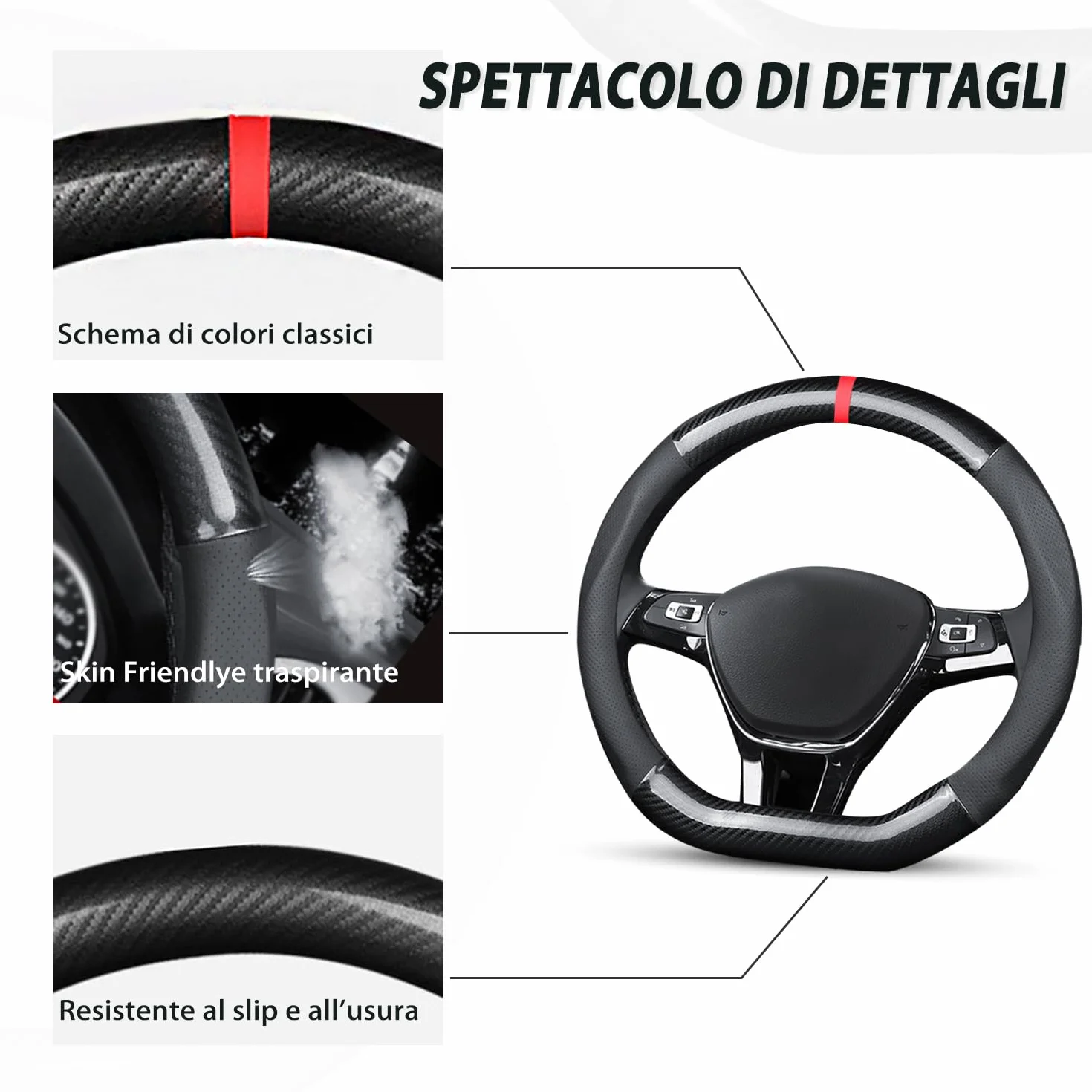Ergocar Coprivolante Antiscivolo Protezione Volante Auto D-Forma Fibra di Carbonio Pelle PU Universale Diametro 38 Cm (15") Nero