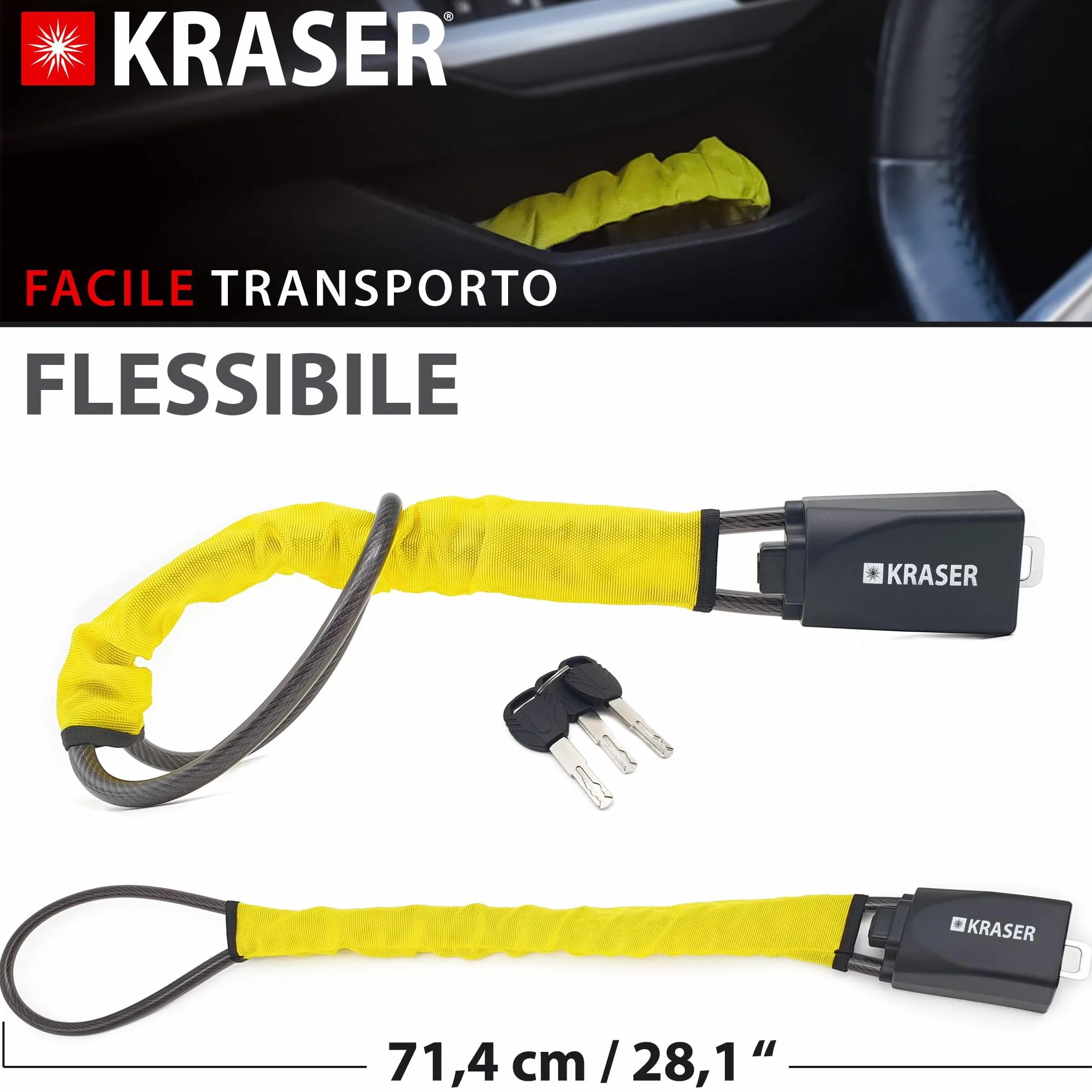KRASER KR882Y Antifurto Auto Blocca Volante Cintura Alta Sicurezza Cavo Acciaio Universale