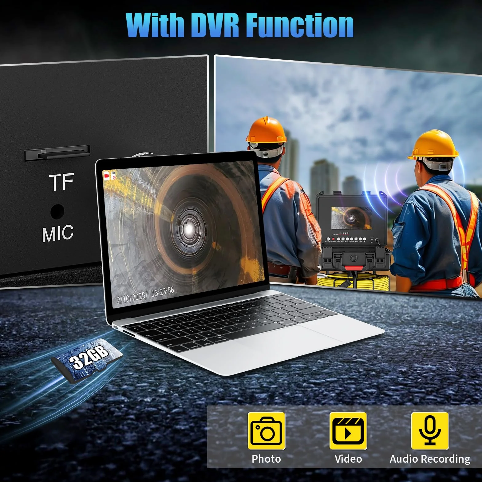 Telecamera Ispezione Tubi 7" Monitor IP68 Impermeabile con 12 LED 30M 23mm Endoscopio Professionale 32GB