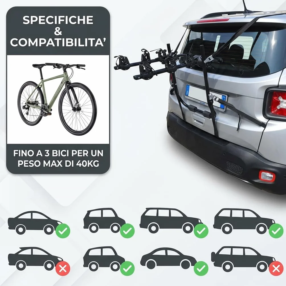Susy Shop Portabici Posteriore Universale per Auto, Capacità 3 Biciclette, 40 kg, Pieghevole, Acciaio con Fasce in Nylon e Ganci