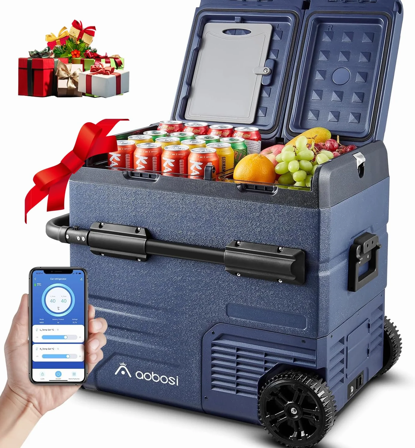 AAOBOSI 55L Frigo Portatile, Dual Zone, Frigo da Campeggio con APP, Ricarica USB, Illuminazione LED, 12/24 V e 100-240 V, -20°C a 20°C, Frigorifero Portatile con Ruote Per Molti Modelli Di Veicoli