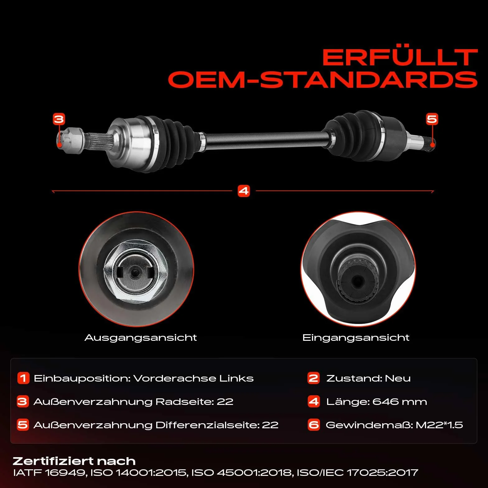 Frankberg Semiasse Albero di trasmissione Cambio manuale senza ABS Ring Asse Anteriore Sinistra Compatibile con Cono 955 Fiorino Combi/MPV 225 Grande Punto 199 Punto 199 Replace# 55700560