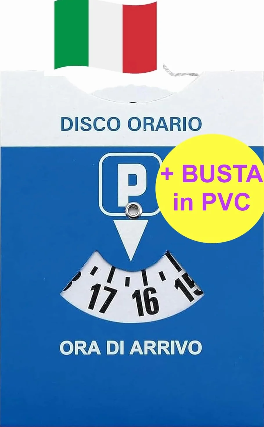 Disco Orario Europeo con Busta Protettiva PVC per Parcheggio Maxi Auto Camion Camper Bicolore Fronte Blu Retro Bianco 12x15 cm