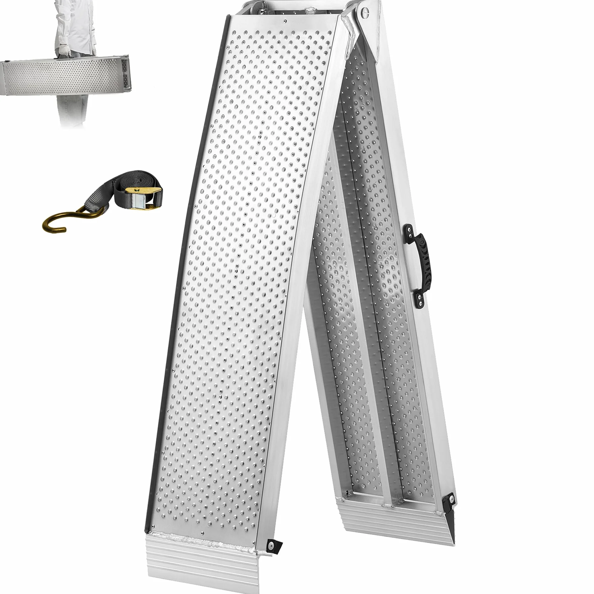 FACHNUO Rampa pieghevole in alluminio, 228 x 28 cm, portata 340 kg, per moto, quad, pick-up con manico portatile, superficie antiscivolo, salvaspazio (1 pezzo, argento)