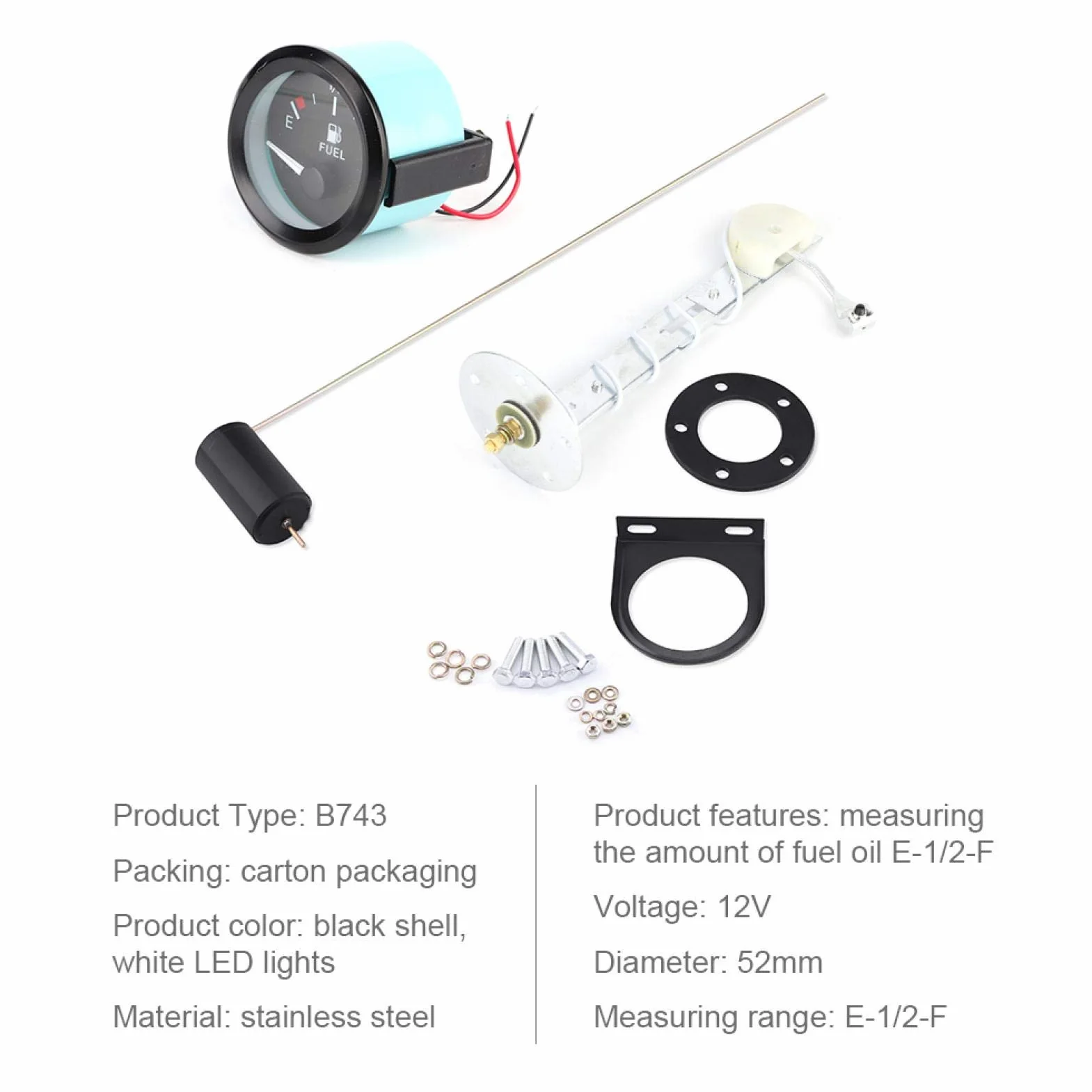 Indicatore livello carburante 52 mm LED universale E-1/2-F con sensore per auto moto barca