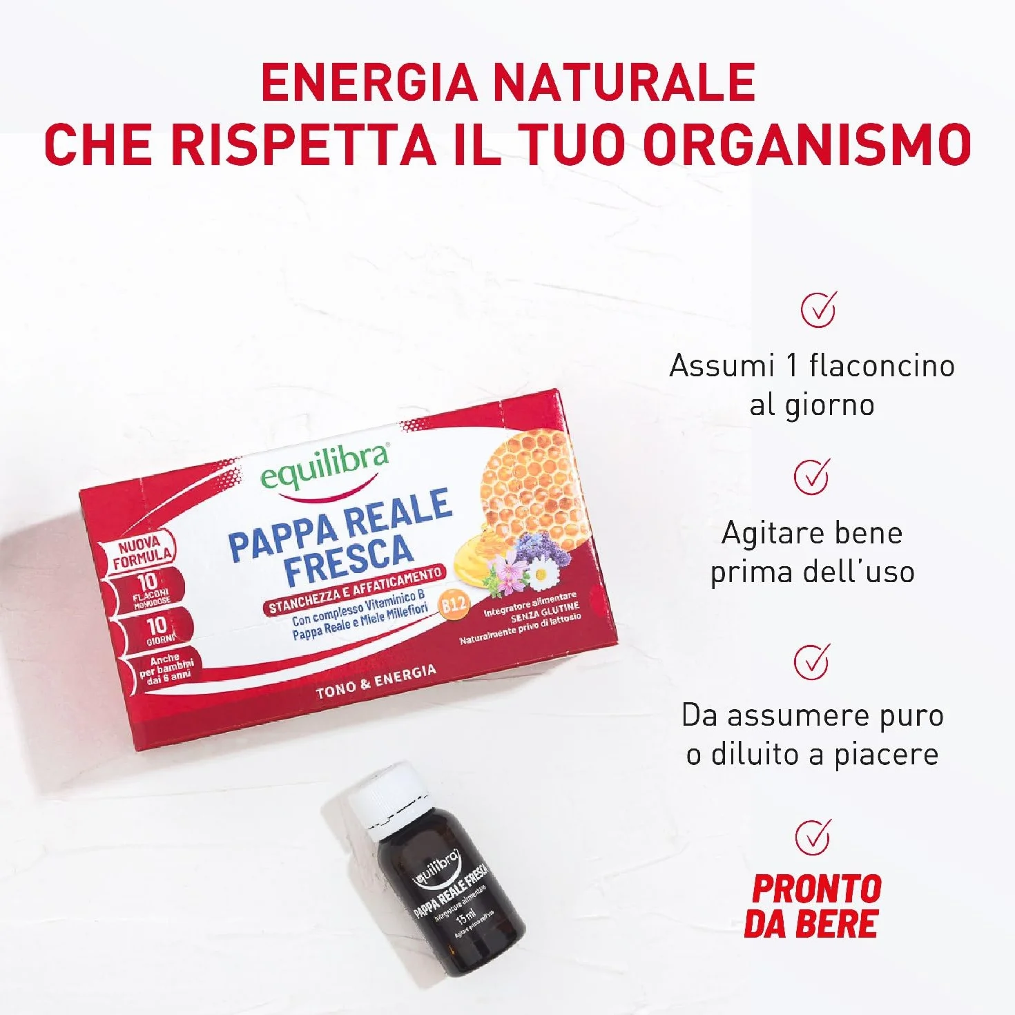 Equilibra Pappa Reale Fresca Integratore con Vitamine B e Miele Millefiori 10 Flaconcini
