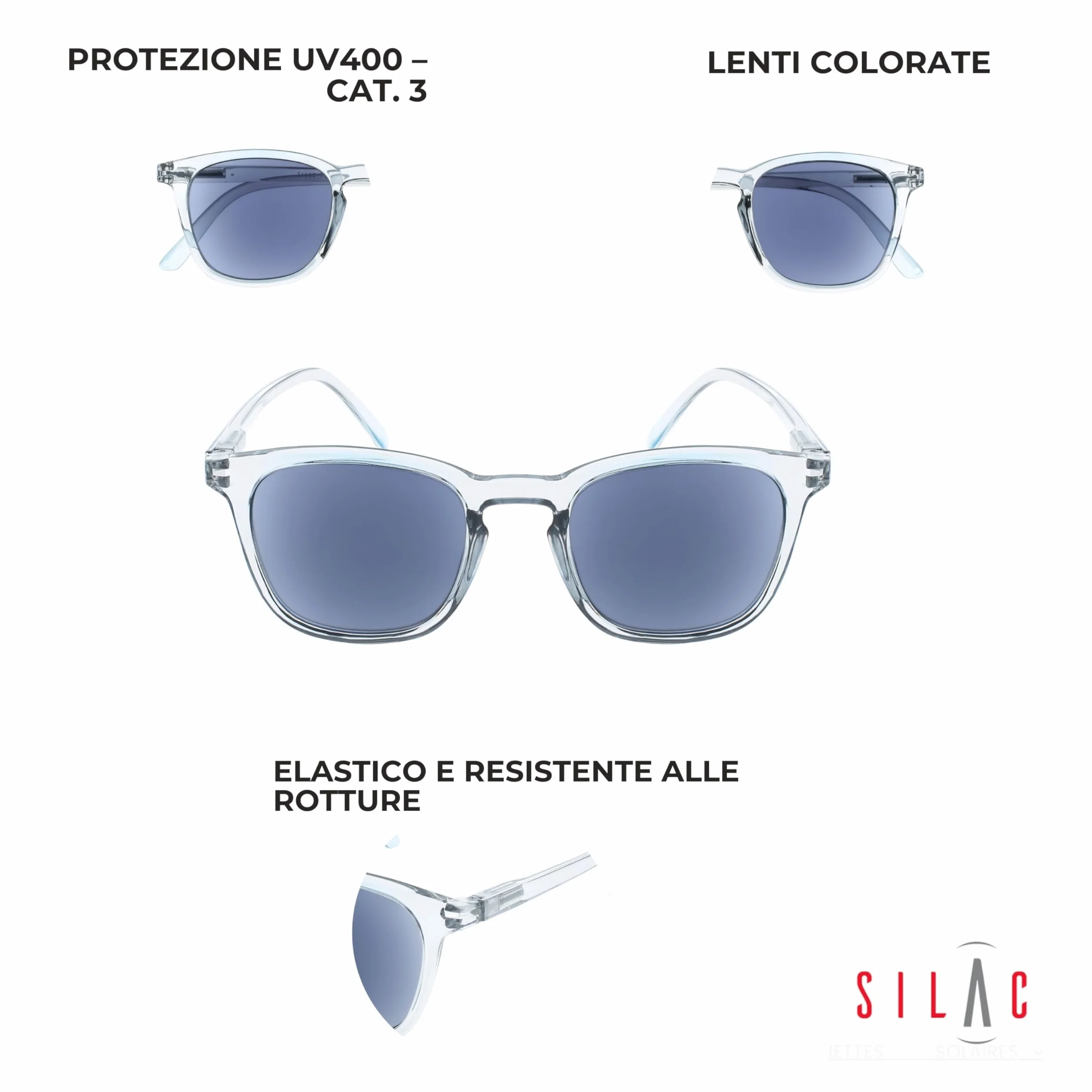 SILAC Occhiali da Sole Graduati Sol Cristal 7551 Montatura Grigio Cristallo Policarbonato Lenti Cat. 3 UV400 Aste Flex Diottrie +1.00 a +3.50