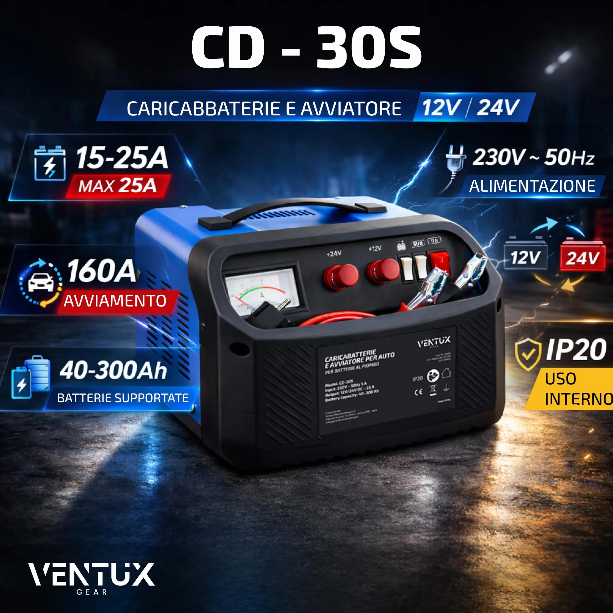 Caricabatterie e avviatore 12V/24V Ventux Gear CD-30S – Per Batterie al Piombo, Funzione Start 160A/260A, Amperometro Analogico, Protezioni di Sicurezza, Uso Auto e Officina