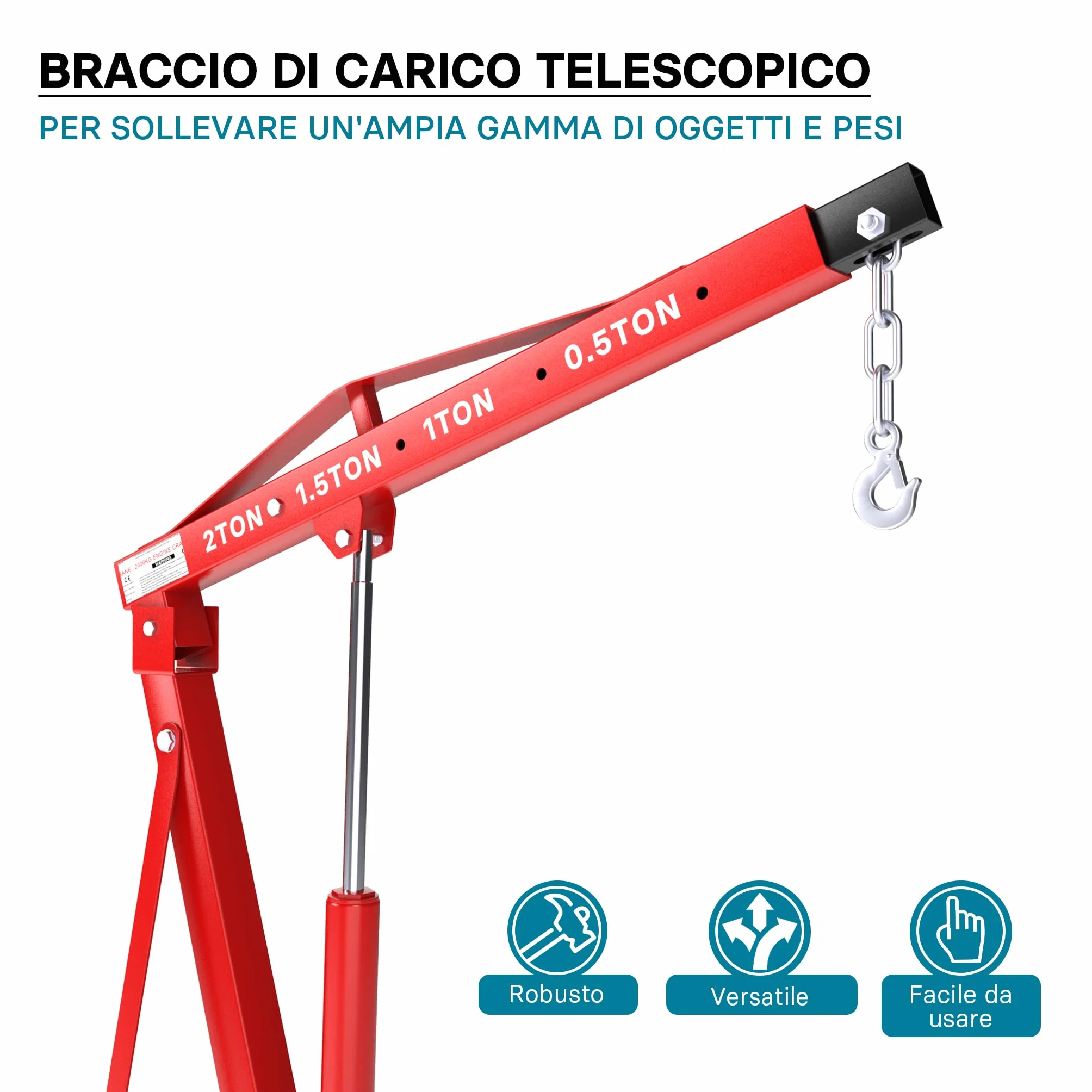 Wiltec gruetta idraulica da officina 2000kg, gru manuale pieghevole con doppia pompa