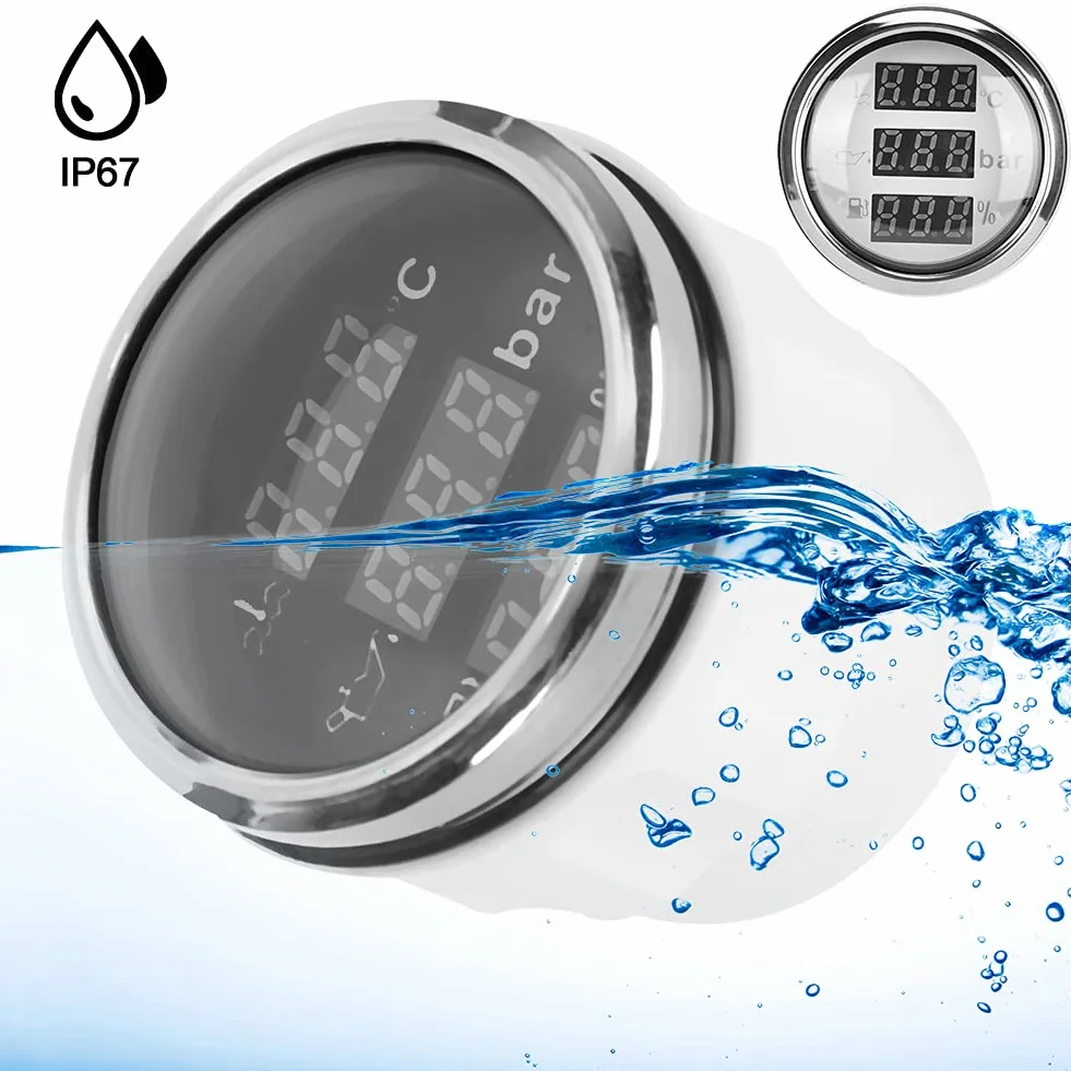 Indicatore Multifunzione 3 in 1 Indicatore Digitale Temperatura Dell'acqua di Raffreddamento Pressione Dell'olio Volume Dell'olio 52MM con Funzione di Allarme Per Car Boat RV(Piastra frontale nera)