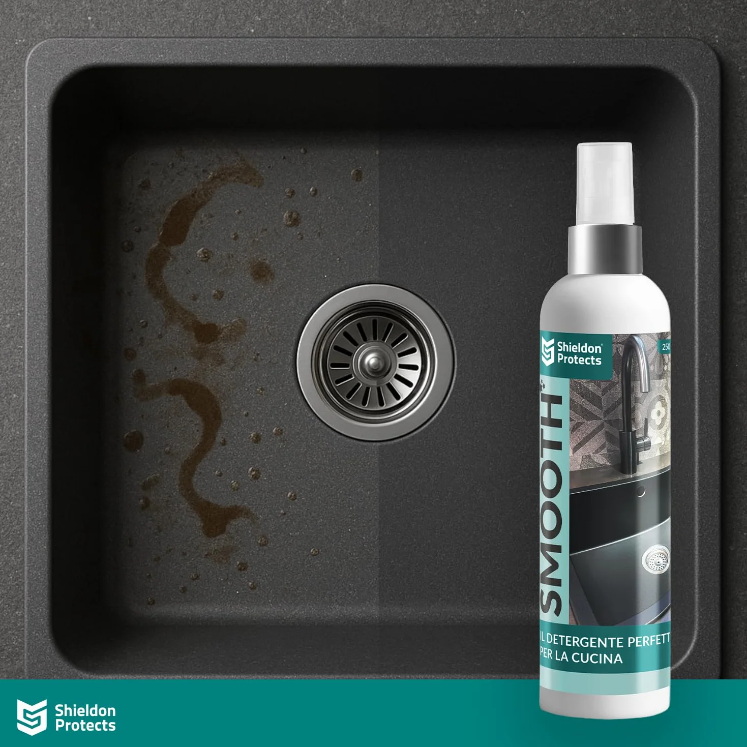 Shieldon Set di 2 Detergente e Impregnante per Lavello in Granito 250ml 200ml Protezione e Cura Nero