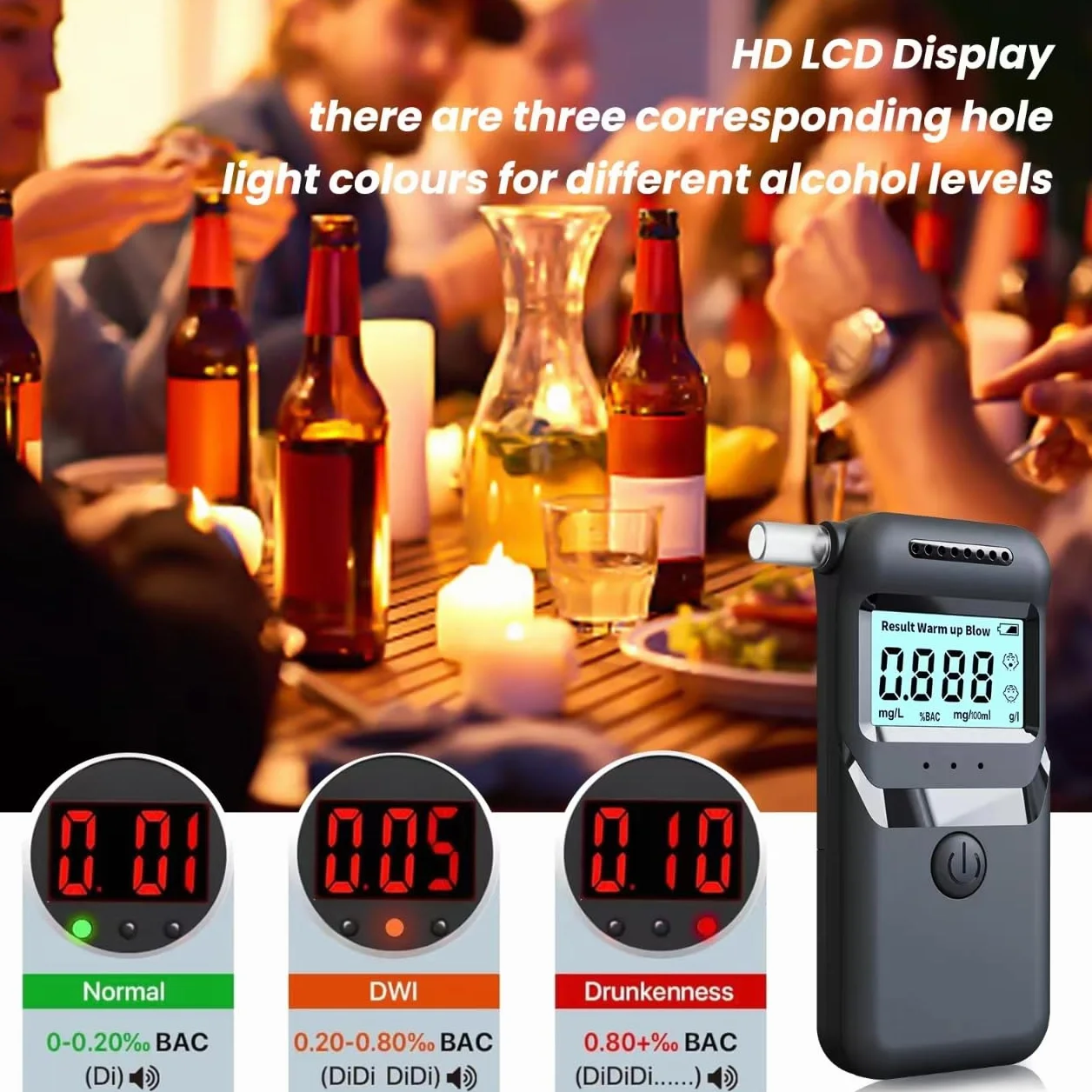 Etilometro Portatile Certificato per Alcol Test, Misuratore di Alcol Professionale Digitale, Sensore Semiconduttore, Display LCDigitale, Misurazione Rapida e Accurata, con 20 Beccucci