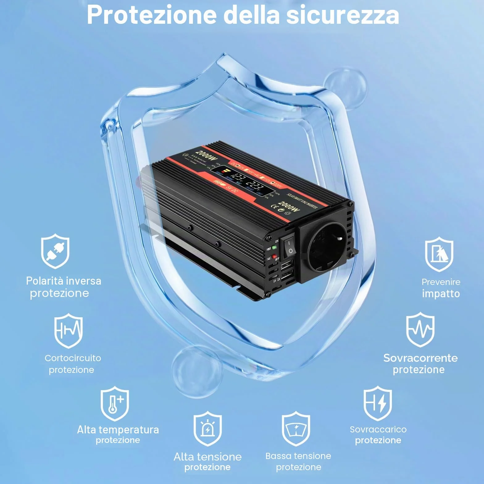 Premio Convertitore di Tensione 2000W 12V 220V Inverter per Auto con Allume Cigare 2 Porte USB