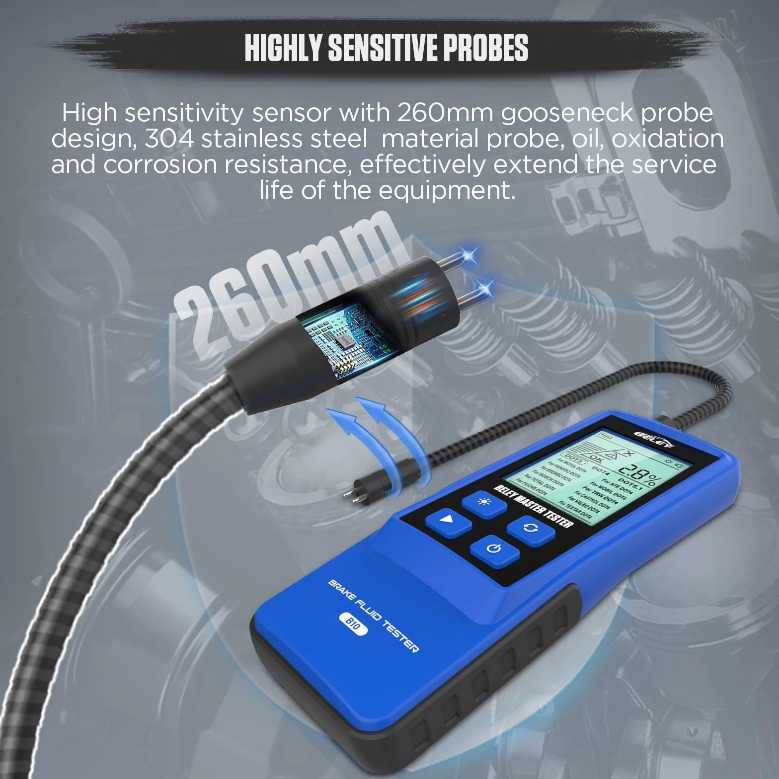 BELEY Tester del Liquido dei Freni per Auto, con Schermo LCD Retroilluminato e Analizzatore di umidità dell'olio con Sonda ad Alta Precisione per Rilevatore Liquido dei Freni DOT3 DOT4 DOT5.1 (Blu)