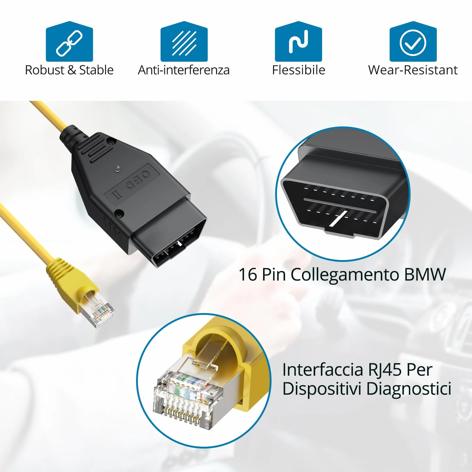 Cavo Ethernet OBD2 RJ45 AUTOUTLET per Diagnosi Programmazione Modelli Serie F 1/3/5/6/7/X 2 Metri