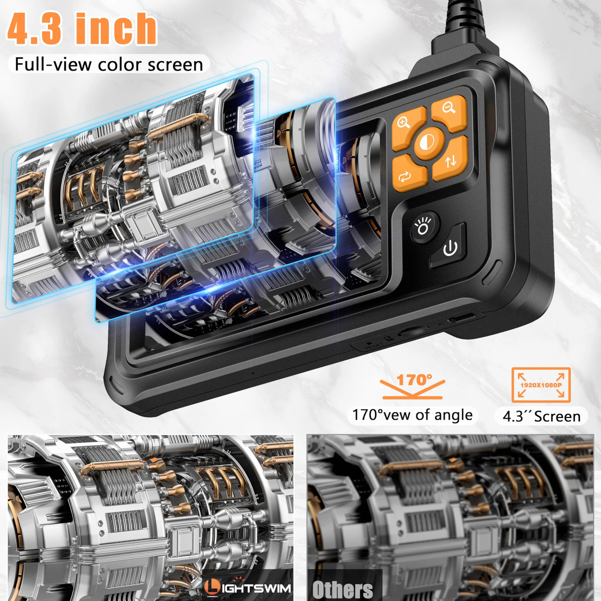 Boroscopio digitale industriale HD 1080P 4,3" IPS IP67 con cavo 5m telecamera ispezione endoscopio