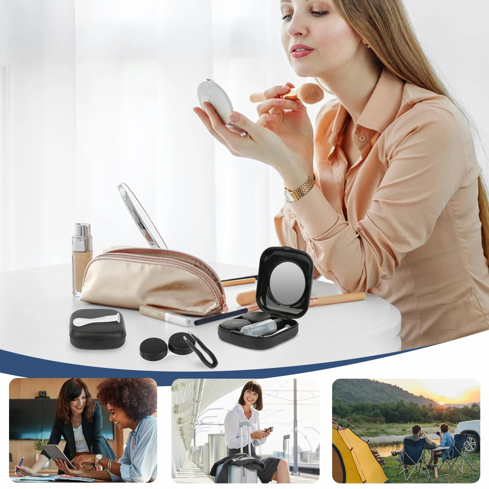 Custodia per Lenti a Contatto con Specchio, Porta Lenti a Contatto da Viaggio, 2 Pezzi, Nero