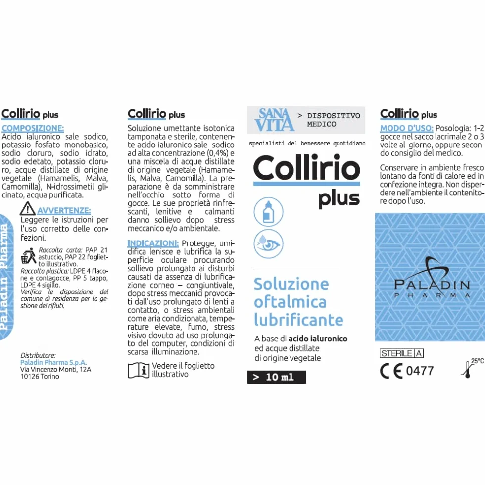 Sanavita Collirio Plus Soluzione Oftalmica Lubrificante 0,4% Acido Ialuronico Dispositivo Medico CE Flacone Multidose 10 ml