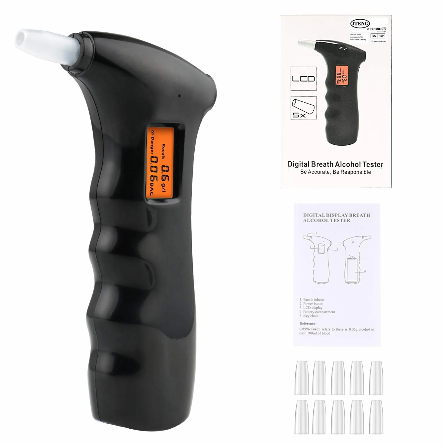 Etilometro Portatile, Alcol Test Portatile Digitale Professionale con Display a LED Incluso 10 ugelli, Nero (Alcool Test Portatile)