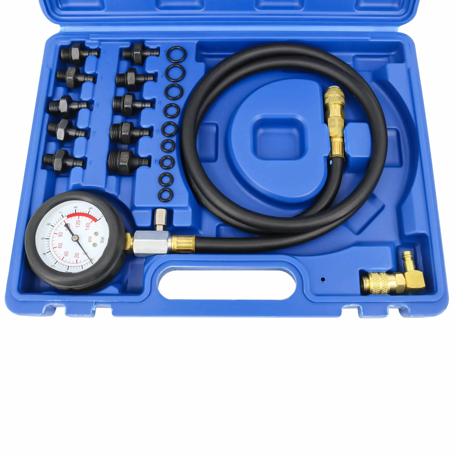 FreeTec Tester Pressione Olio, 0-140 PSI Manometro Pressione Olio Motore, Kit Misurazione Pressioni Oli, Attrezzo Prova Pressioni Oli Auto con Tubo e Adattatori per VW BMW Opel Ford Fiat (Blu)
