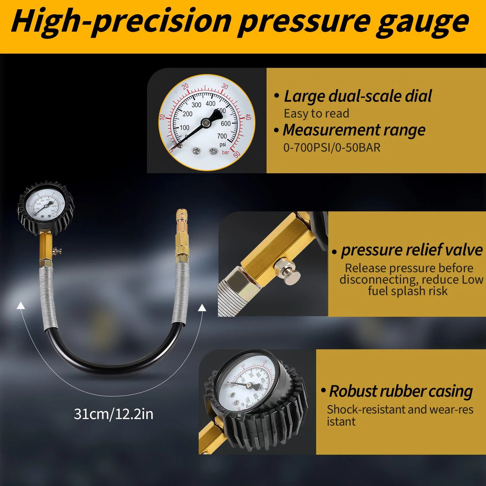 CPROSP 46 pezzi Tester di Compressione e Perdita di Pressione (0-50 Bar / 0-7 Bar), Prova Compressione Motore Benzina e Diesel, Compatibile HDI, TDCi, per Auto, Camion, Bus, Moto