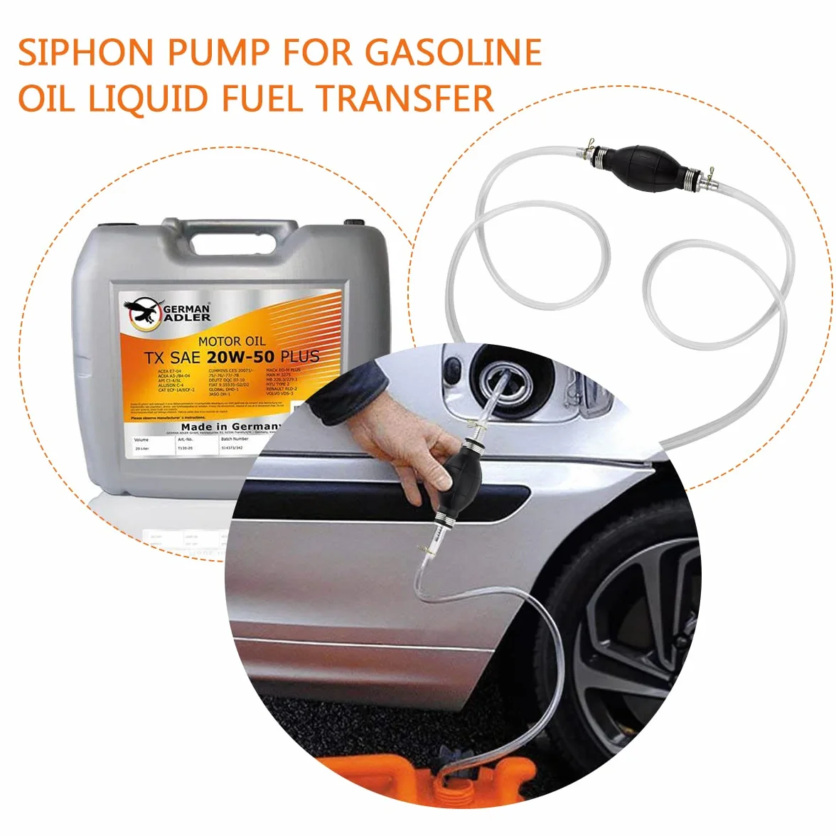 Pompa trasferimento Liquido dell'Acqua,trasferimento Portatile combustibile dell'automobile Pompa Manuale sifone della Mano per Benzina Gas Olio Petrolio con 2M Tubo Totale
