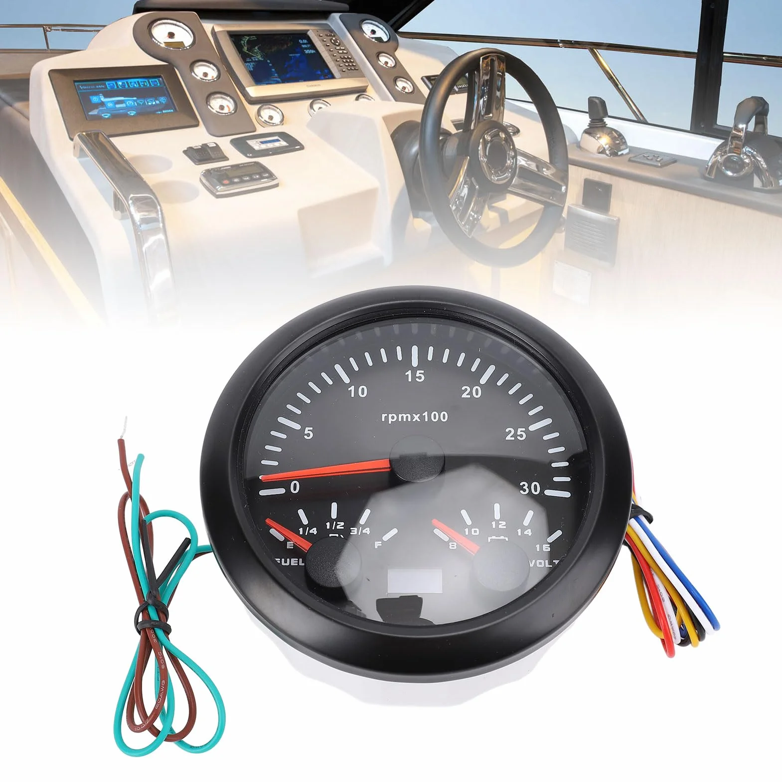 Tachometro Marino 85 Mm, Calibro Voltmetro del Carburante 3 in 1 con la Retroilluminazione di 7 Colori per la Barca per per Auto per Camion, Adatto Alla (Black Dial Black