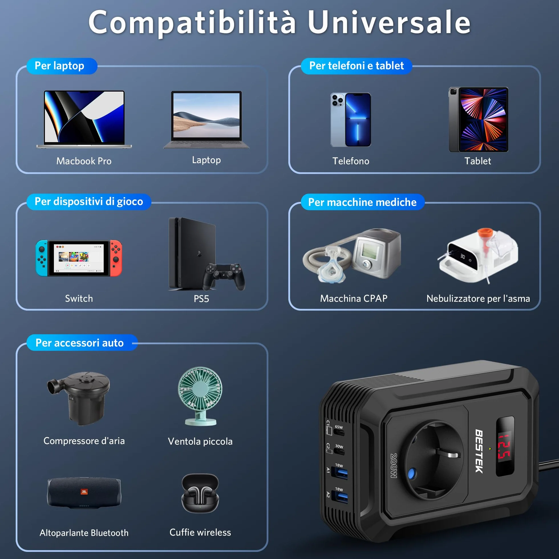 BESTEK Inverter di tensione 200 W 12 V a 240 V 230 V AC con 3 prese, 2 porte USB 18 W e 2 porte USB-C