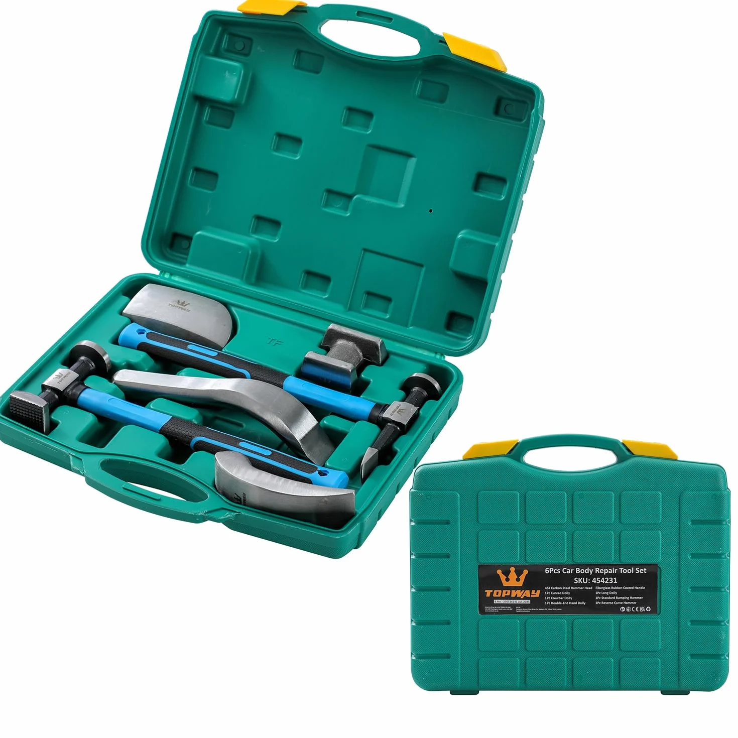 TOPWAY Set di 6 attrezzi professionali per riparazione ammaccature, manico in fibra di vetro, martello, carrelli, per la rimozione di ammaccature e carrozzeria, modello 454231