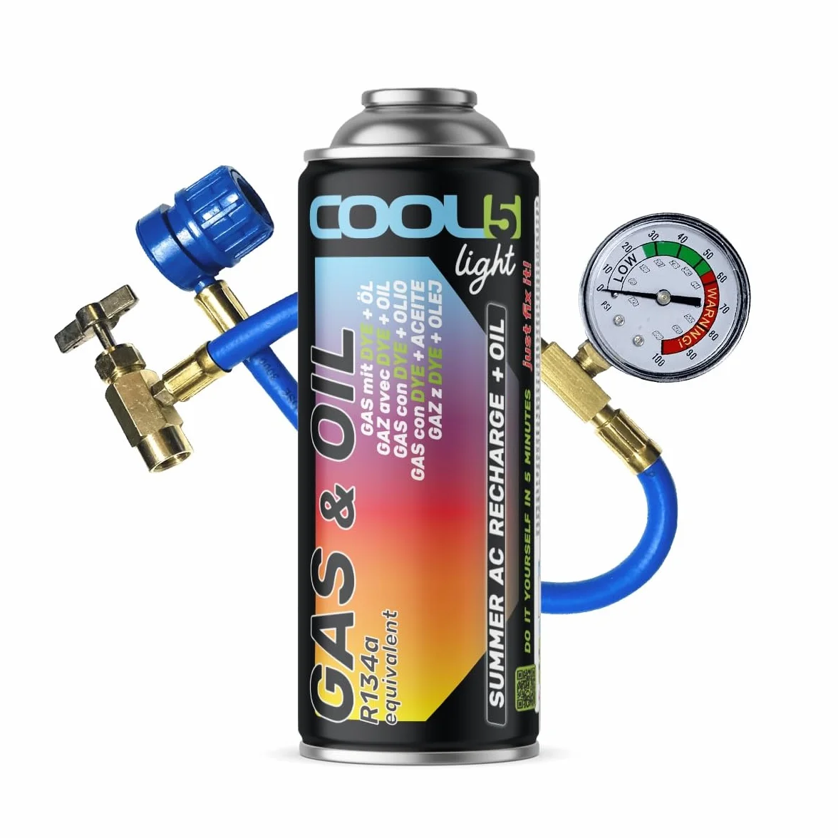 LIGHT R134a - Refrigerante di ricambio per condizionatori auto, 1 barattolo 2 in 1, 235 g + tubo di pressione con manometro