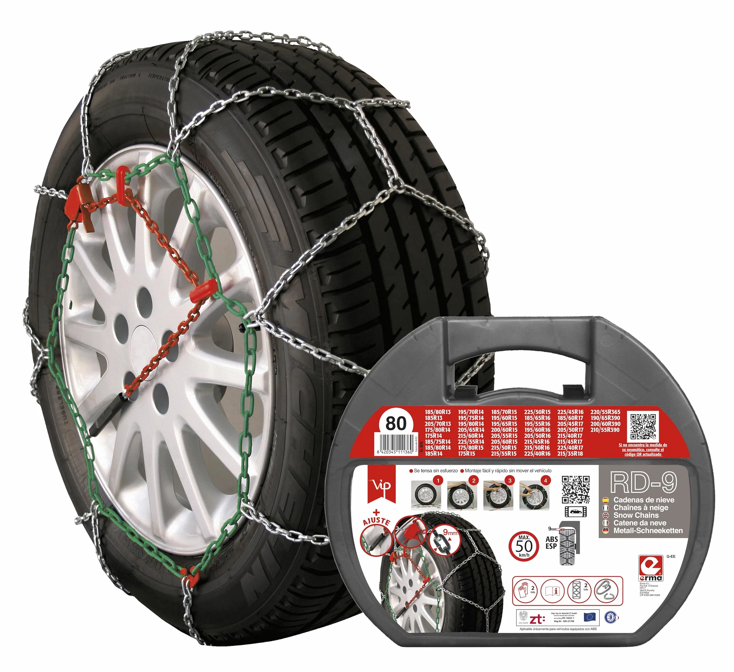 Catene da neve in metallo RD9 mm misura 80 set 2 pezzi con guanti