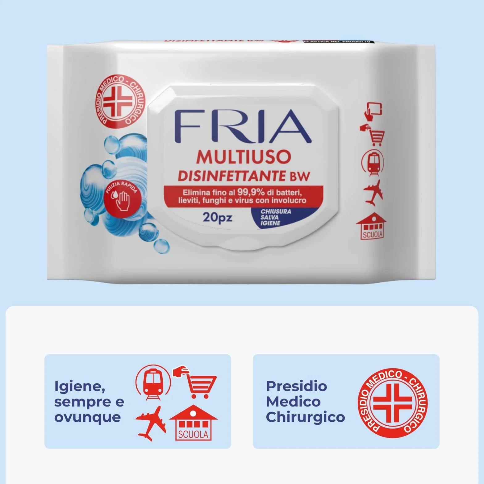 Fria Multiuso Disinfettante BW Salviette 20 Pezzi Presidio Medico Chirurgico