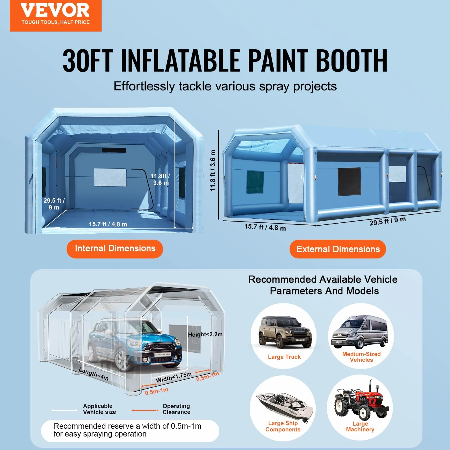VEVOR Cabina di Verniciatura Gonfiabile, Tenda di Verniciatura Gonfiabile Portatile Potente Ventilatore, Sistema Filtro dell'Aria, Verniciatura per Auto Veicoli e Mobili 9 x 4,8 x 3,6 m, 950W + 750W