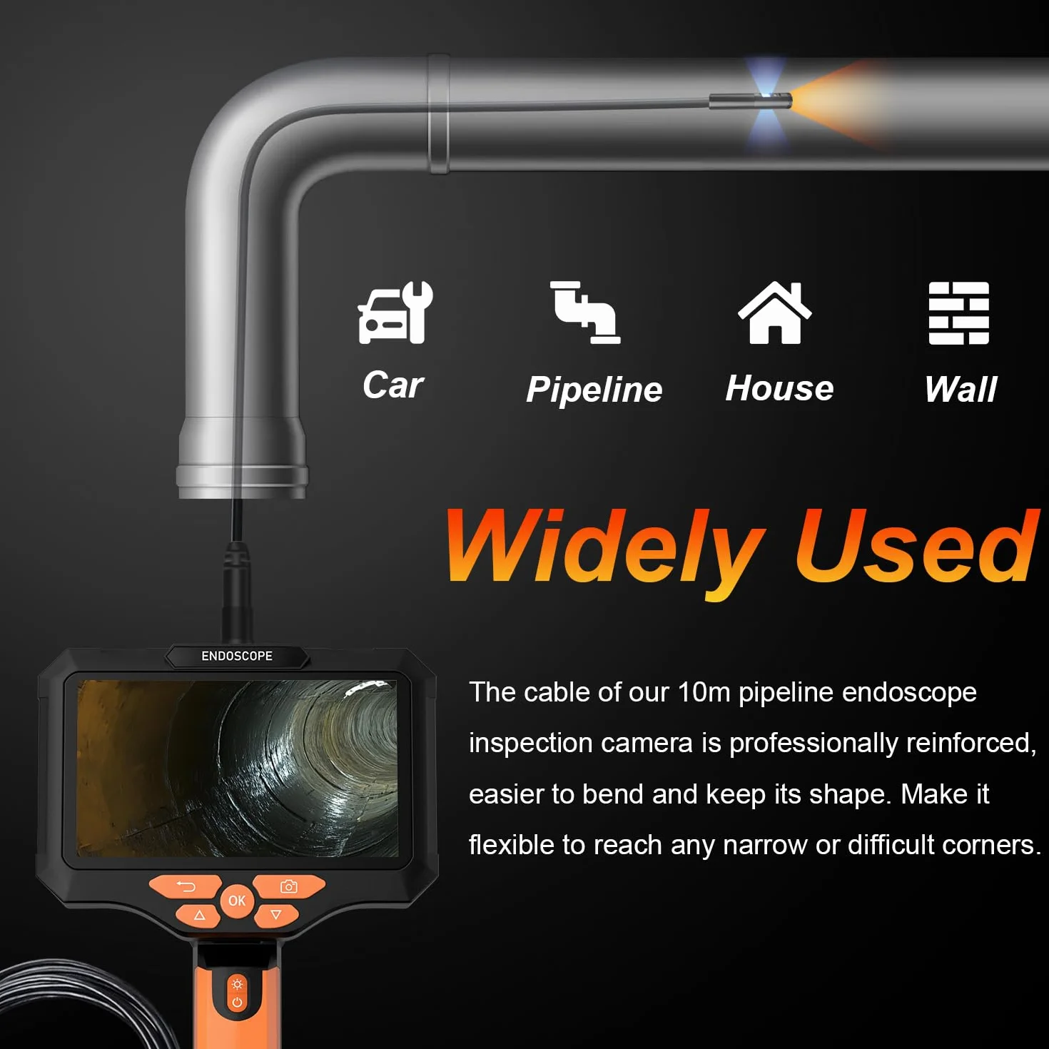 Telecamera Ispezione 10M Tre Lenti 1920p HD Endoscopica Tubi Schermo IPS 5 Pollici IP67 Sonda 8mm TF 64G