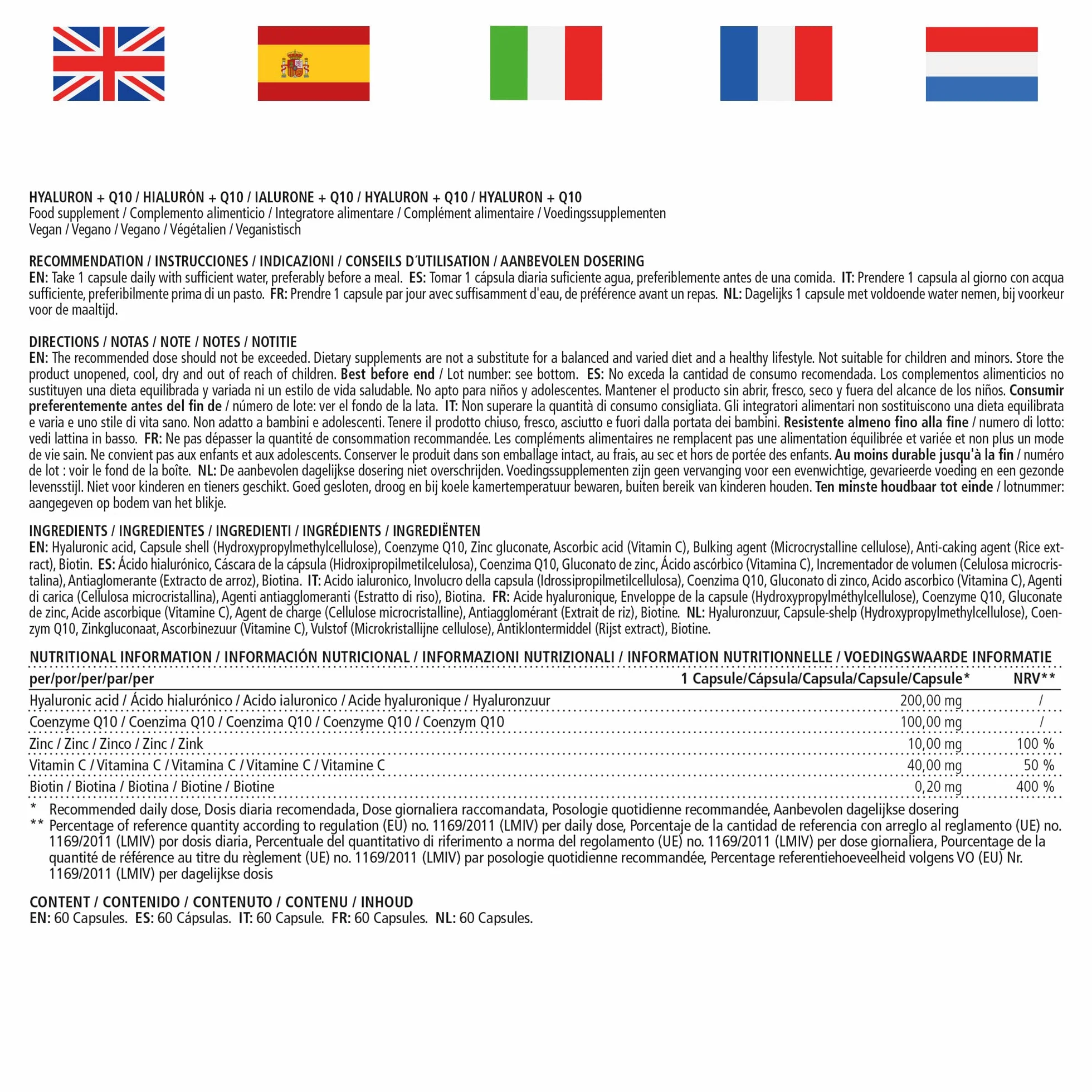 Acido Ialuronico ad Alto Dosaggio Puro + Coenzima Q10 Capsule Vegan 500-700 kDa Integratore Alimentare
