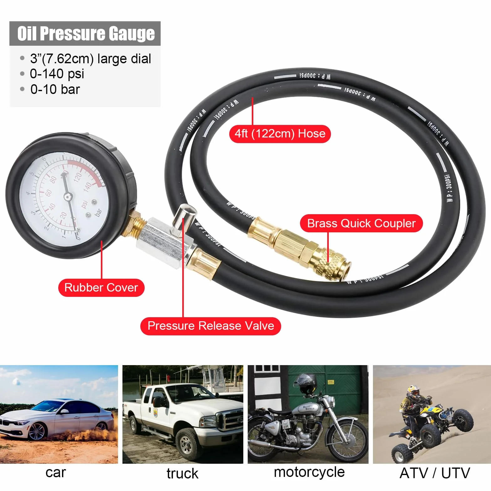 FreeTec Tester Pressione Olio, 0-140 PSI Manometro Pressione Olio Motore, Kit Misurazione Pressioni Oli, Attrezzo Prova Pressioni Oli Auto con Tubo e Adattatori per VW BMW Opel Ford Fiat (Rosso)